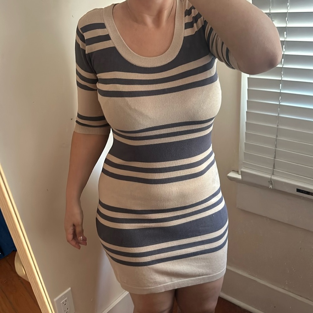 Allison Brittney Colorblock Grey & Tan Sheath Striped Knit Dress 1/2 Sleeve